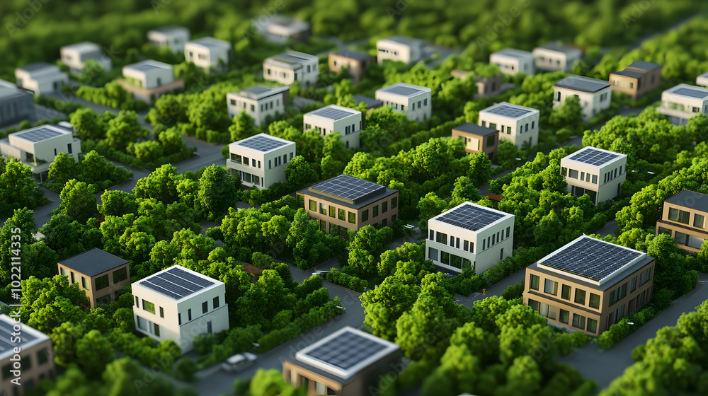Picture of Aerial view of a green city with renewable energy sources, representing ...