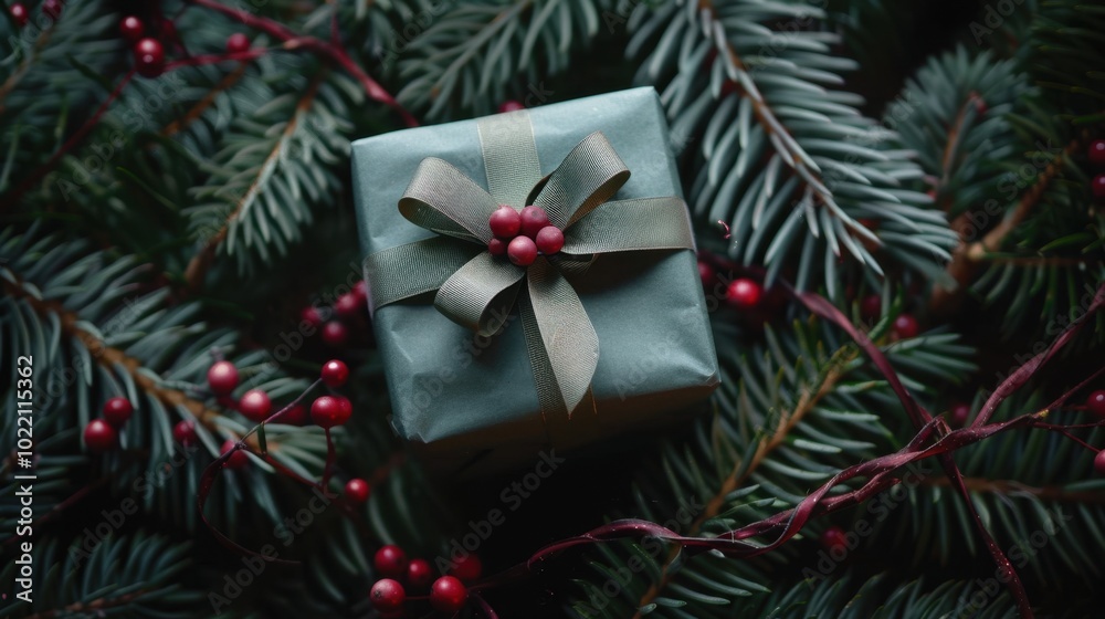 Elegant Gift Wrapped with Green Ribbon and Berries