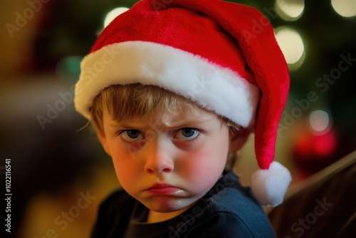 Child in Christmas hat shows displeasure indoors photo