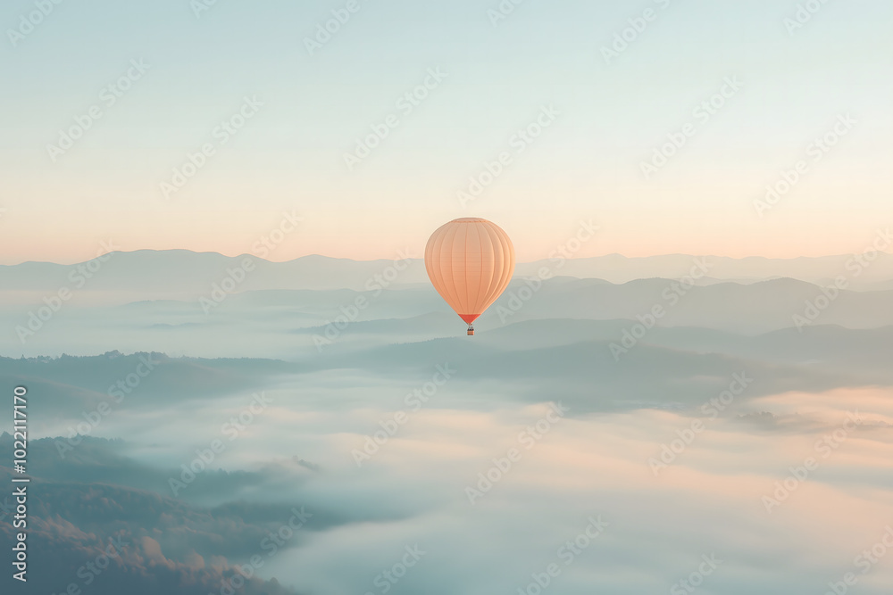 Fototapeta premium Hot Air Balloon Soaring Over Misty Mountains at Sunrise