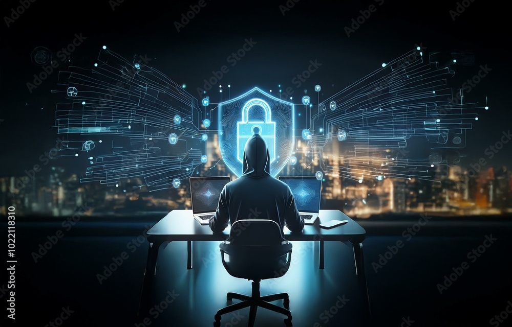 Fototapeta premium A hooded figure sits at a desk in front of two laptops, a glowing shield with a padlock in the center hovers in front of them, the image has a futuristic feel.
