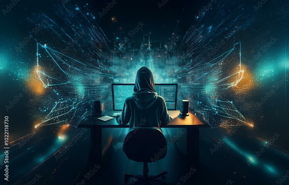 A hooded figure sits in front of a computer, the screen reflecting the digital world behind them, filled with lines of code and swirling data. A hooded figure sits in front of a computer, the screen reflecting the digital world behind them, filled with lines of code and swirling data.