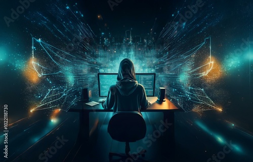 A hooded figure sits in front of a computer, the screen reflecting the digital world behind them, filled with lines of code and swirling data.