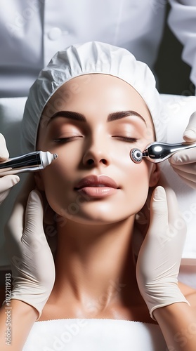 Aesthetic specialist using advanced technology to perform a nonsurgical facelift on a relaxed patient, in a sleek, modern treatment room (21) photo