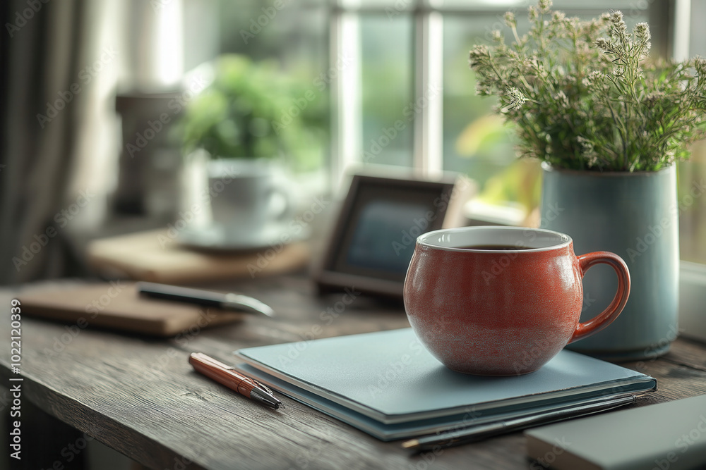 Cozy Morning Workspace: Coffee Mug, Notebook, and Pen on a Relaxing Home Office Table with a Plant