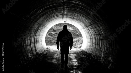 A silhouette of a man walking through a dark tunnel, emerging into the light in a black-and-white photo.