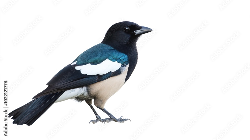 Obraz premium Elegant Magpie Perched Gracefully, Showcasing Its Distinctive Black and White Plumage Against a Natural Backdrop, Symbolizing Intelligence and Curiosity in the Wild