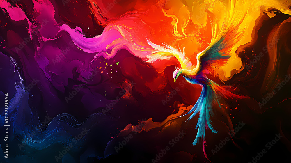 A rainbow phoenix soaring majestically from flames reborn in vibrant colors against a dark hellish backdrop. Phoenix in Flames. Illustration A rainbow phoenix soaring majestically from flames reborn in vibrant colors against a dark hellish backdrop. Phoenix in Flames. Illustration
