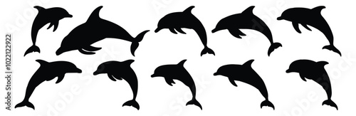 Dolphin silhouettes set, marine pack of vector silhouette design, isolated background