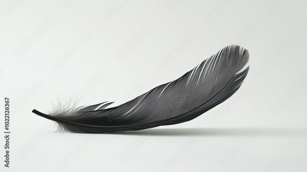 A single black feather floating against a pure white background, illustrating fragility and contrast. A single black feather floating against a pure white background, illustrating fragility and contrast.