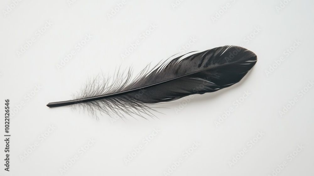 A single black feather floating against a pure white background, illustrating fragility and contrast.