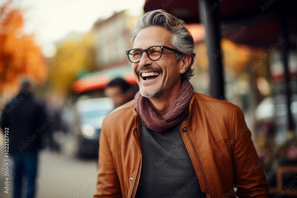 Portrait of handsome middle-aged man in eyeglasses smiling and looking at camera while walking in the city Portrait of handsome middle-aged man in eyeglasses smiling and looking at camera while walking in the city