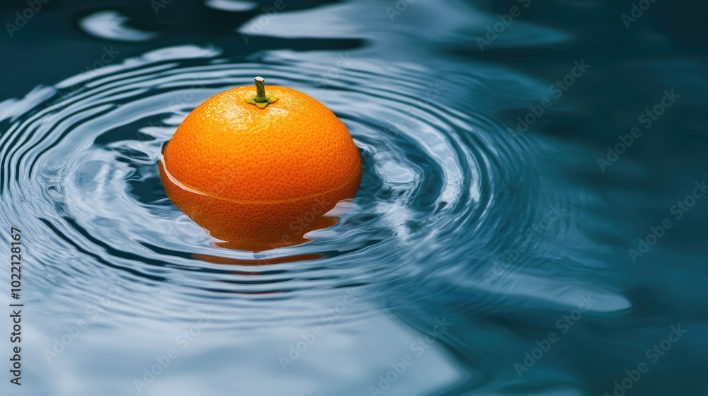 A single orange floating in a pool of water, with gentle ripples forming around it, symbolizing purity and refreshment. A single orange floating in a pool of water, with gentle ripples forming around it, symbolizing purity and refreshment.