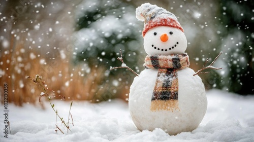 Cheerful snowman in stylish plaid scarf and hat surrounded by falling snowflakes, capturing the joy of merry christmas and happy new year ai photo