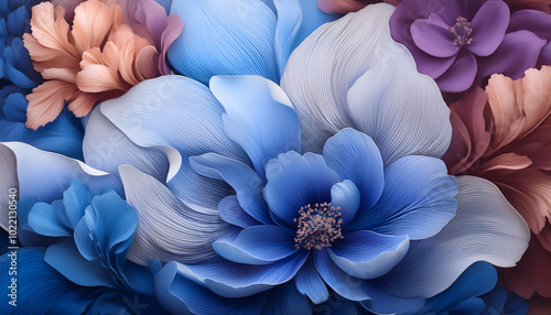Texture, pattern: oil painting featuring a floral design with smooth transitions between blue and italian plum. Version 2