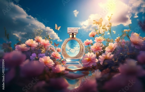 A beautiful glass bottle of perfume sits in a field of pink flowers, with a blue sky and white clouds in the background. The sun shines brightly, and butterflies flutter around the bottle. photo