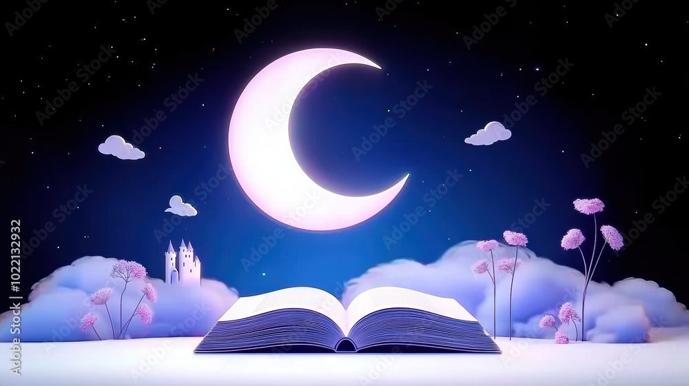 Naklejka premium Dreamy Night Scene with Open Book and Moonlight