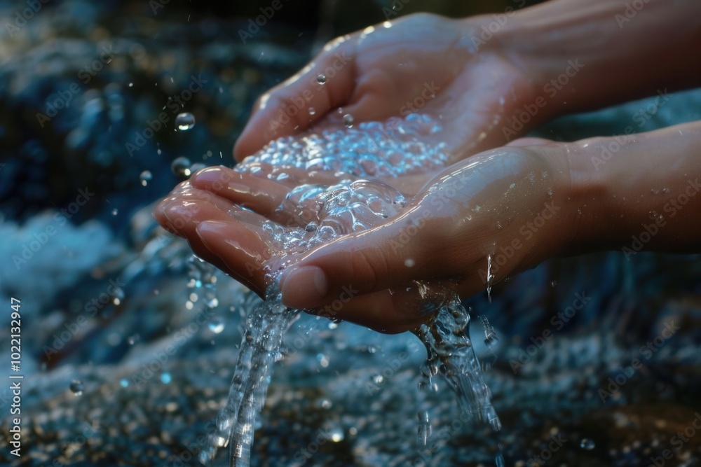 Hands are gently washed under a clear stream of water flowing over smooth stones in a peaceful outdoor setting. Generative AI Hands are gently washed under a clear stream of water flowing over smooth stones in a peaceful outdoor setting. Generative AI