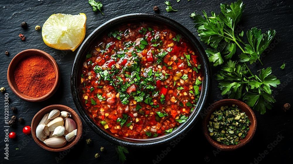 Spicy red sauce with ingredients, overhead view. Spicy red sauce with ingredients, overhead view.