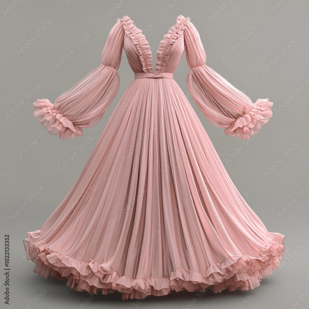 Obraz premium Blush pink dress with intricate ruching and ruffles, displayed elegantly.