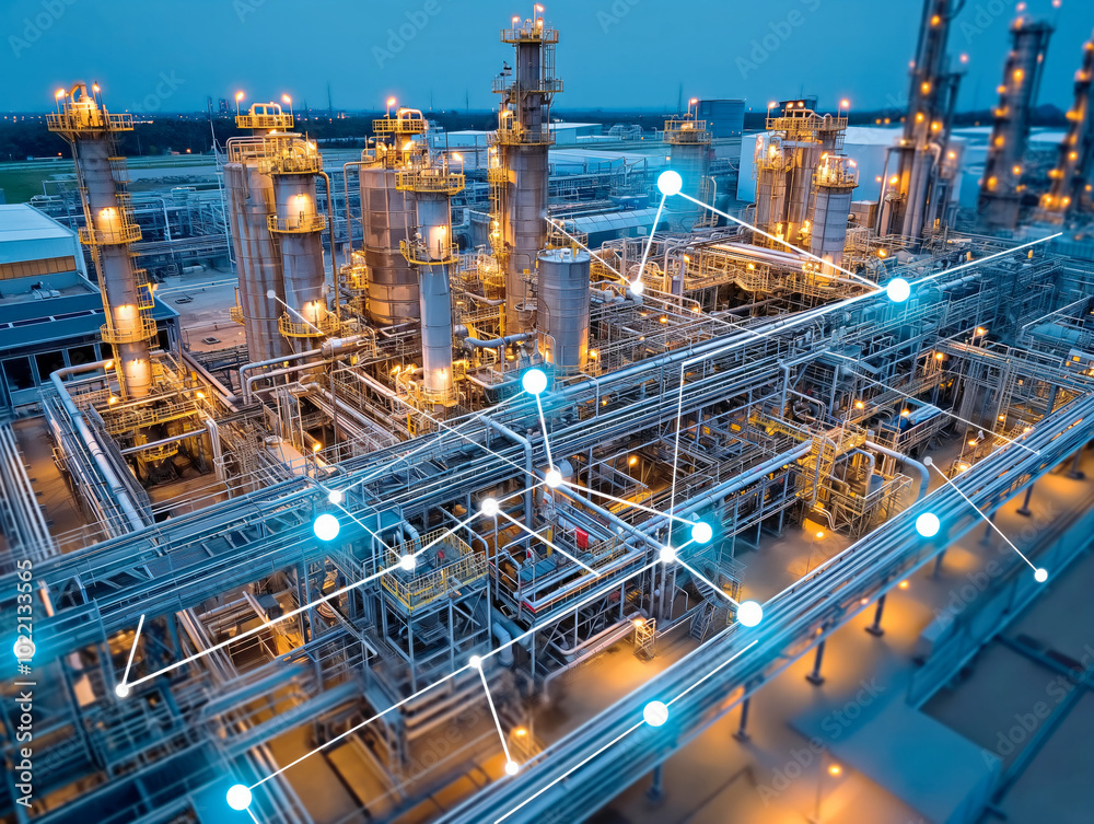 A network of pipes and tanks are lit up in the night sky. Concept of industrial activity and technological advancement