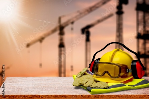 Yellow engineering helmet at sunset, at construction site