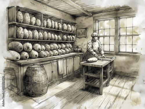 Obraz na płótnie A man is working in a bakery, surrounded by many loaves of bread. The scene is old and has a vintage feel to it w salonie