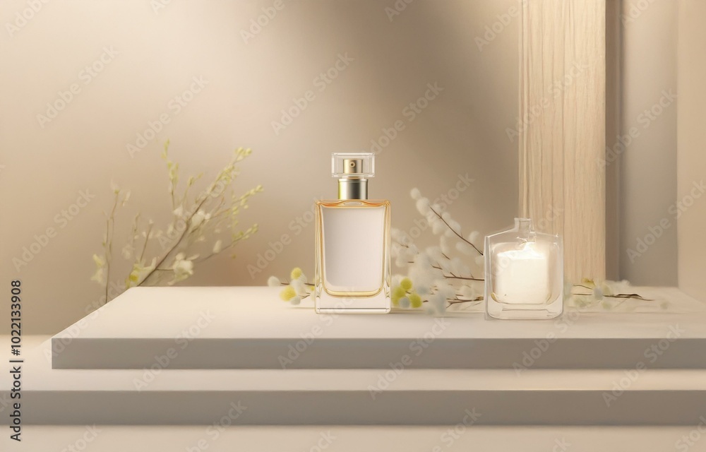A white platform with two levels holds a perfume bottle and a candle, accompanied by white branches. A white platform with two levels holds a perfume bottle and a candle, accompanied by white branches.