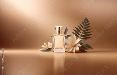 A glass bottle of perfume with a golden cap sits on a beige background surrounded by green leaves and white flowers.