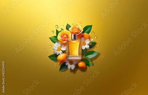 A yellow perfume bottle surrounded by flowers and fruit on a yellow background.