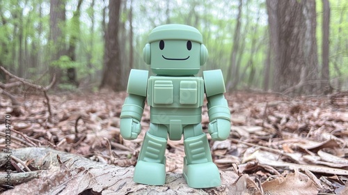 Cute Green Robot Toy in Forest Setting