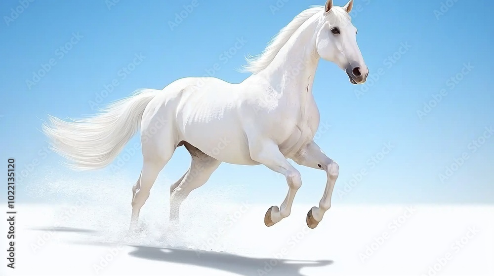 Majestic White Horse Running in Clear Blue Sky Majestic White Horse Running in Clear Blue Sky