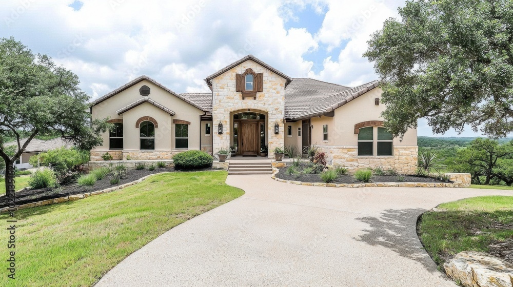 Modern Stone House with Lush Green Landscaping Modern Stone House with Lush Green Landscaping
