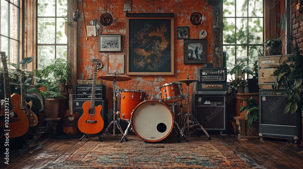 Fototapeta premium A cozy music studio with instruments and plants in a rustic setting.