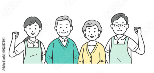 高齢者と介護士男女が元気に集合するイラストセット
