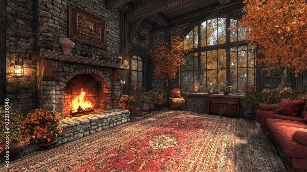 Obraz premium Cozy autumn living room with a fireplace and seasonal decor.