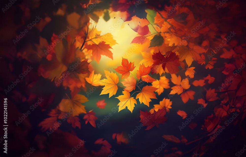 Autumn leaves in hues of red, orange, and yellow, illuminated by a bright light source. Autumn leaves in hues of red, orange, and yellow, illuminated by a bright light source.