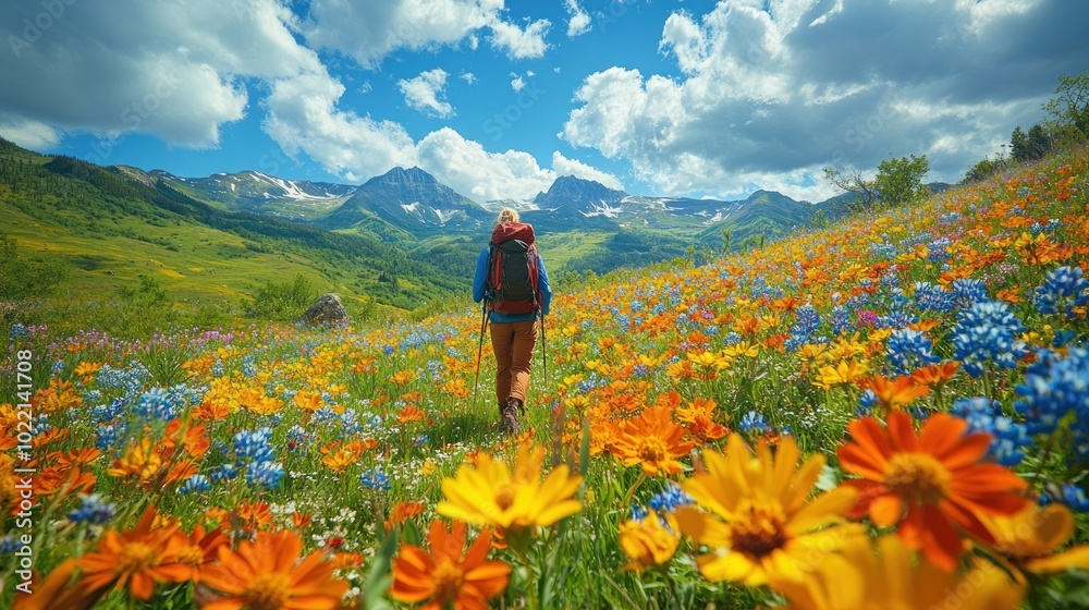 Hiker walking through a vibrant flower-filled meadow with mountains. Hiker walking through a vibrant flower-filled meadow with mountains.