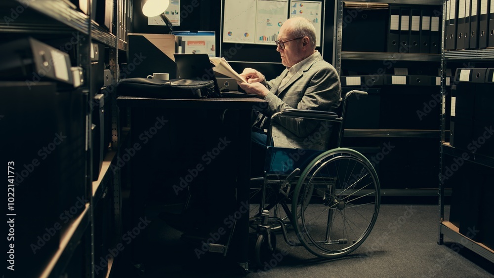 Senior inspector gathering all case files in a folder to study for new clues, uses forensic techniques to examine evidence in archive. Wheelchair user working on uncovering information. Camera B. Senior inspector gathering all case files in a folder to study for new clues, uses forensic techniques to examine evidence in archive. Wheelchair user working on uncovering information. Camera B.