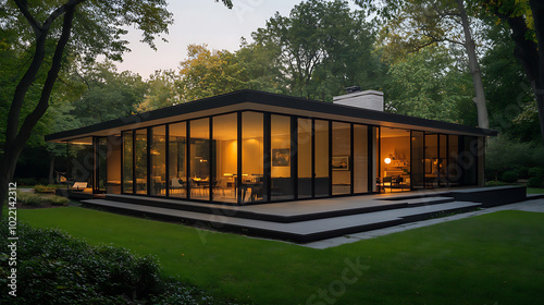 A sleek minimalist structure featuring geometric shapes, large glass windows, and minimal exterior detailing, surrounded by an open and uncluttered landscape 