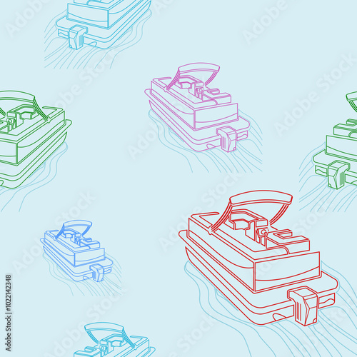 Editable Outline Style Top Oblique Back View Various Colors American Pontoon Boat Vector Illustration Seamless Pattern for Creating Background of Transportation or Recreation Related Design
