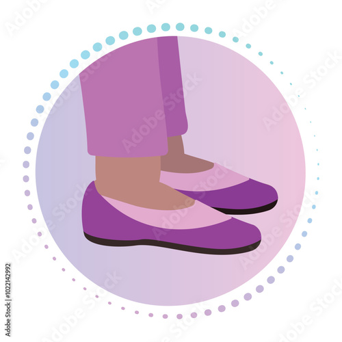 Women's feet in moccasins, vector gradient sign, round colorful illustration