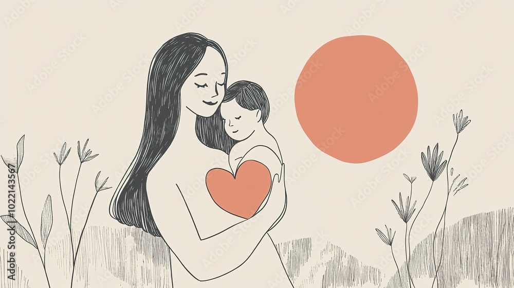 A line drawing of a mother and daughter embracing, with a large heart shape forming around them, linart, solid background A line drawing of a mother and daughter embracing, with a large heart shape forming around them, linart, solid background
