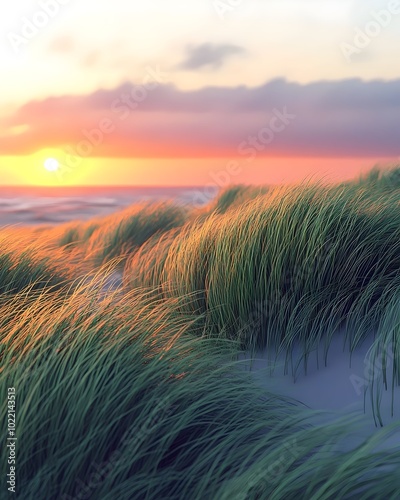 Golden Hour Serenity: Coastal Dunes and Sunset Over the Ocean Horizon with Gentle Grasses Swaying in the Sea Breeze, Bathed in Warm Evening Light, Embracing Tranquil Seascape Beauty