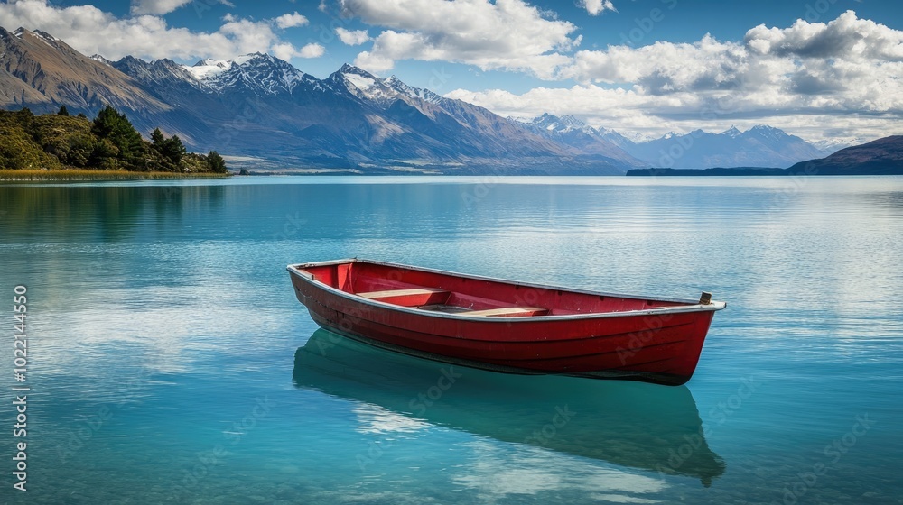 Serene Red Boat on Tranquil Lake with Mountain Backdrop Serene Red Boat on Tranquil Lake with Mountain Backdrop