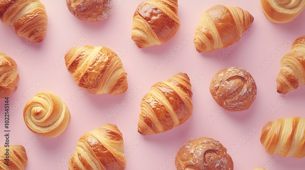 3. **Imagine an inviting composition of various bakery products, including freshly baked buns, artisanal loaves, and golden croissants, set on a pastel-colored background. Leave generous copy space 3. **Imagine an inviting composition of various bakery products, including freshly baked buns, artisanal loaves, and golden croissants, set on a pastel-colored background. Leave generous copy space