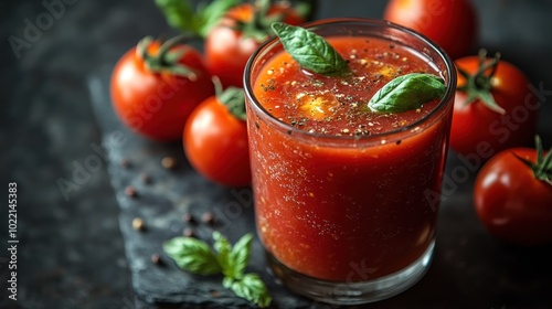Wallpaper Mural A glass of tomato juice garnished with basil, surrounded by fresh tomatoes. Torontodigital.ca