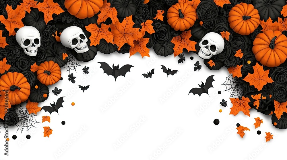 Halloween Background, Halloween themed background with pumpkins, skulls, bats, and autumn leaves. Halloween Background, Halloween themed background with pumpkins, skulls, bats, and autumn leaves.
