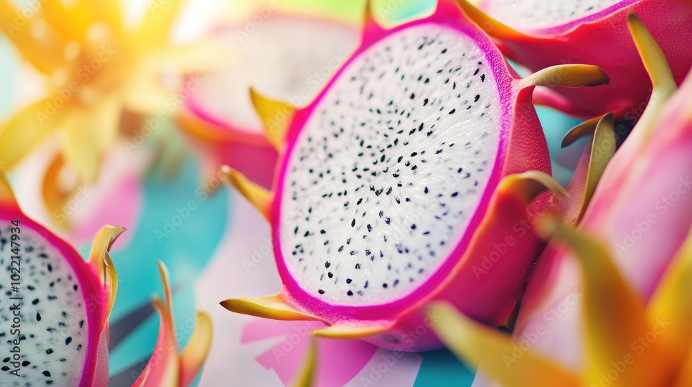 Vibrant Dragon Fruit Slices on Colorful Background Vibrant Dragon Fruit Slices on Colorful Background