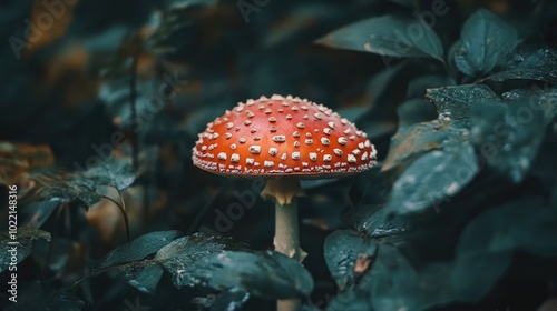 Vibrant Red Mushroom Among Lush Green Foliage